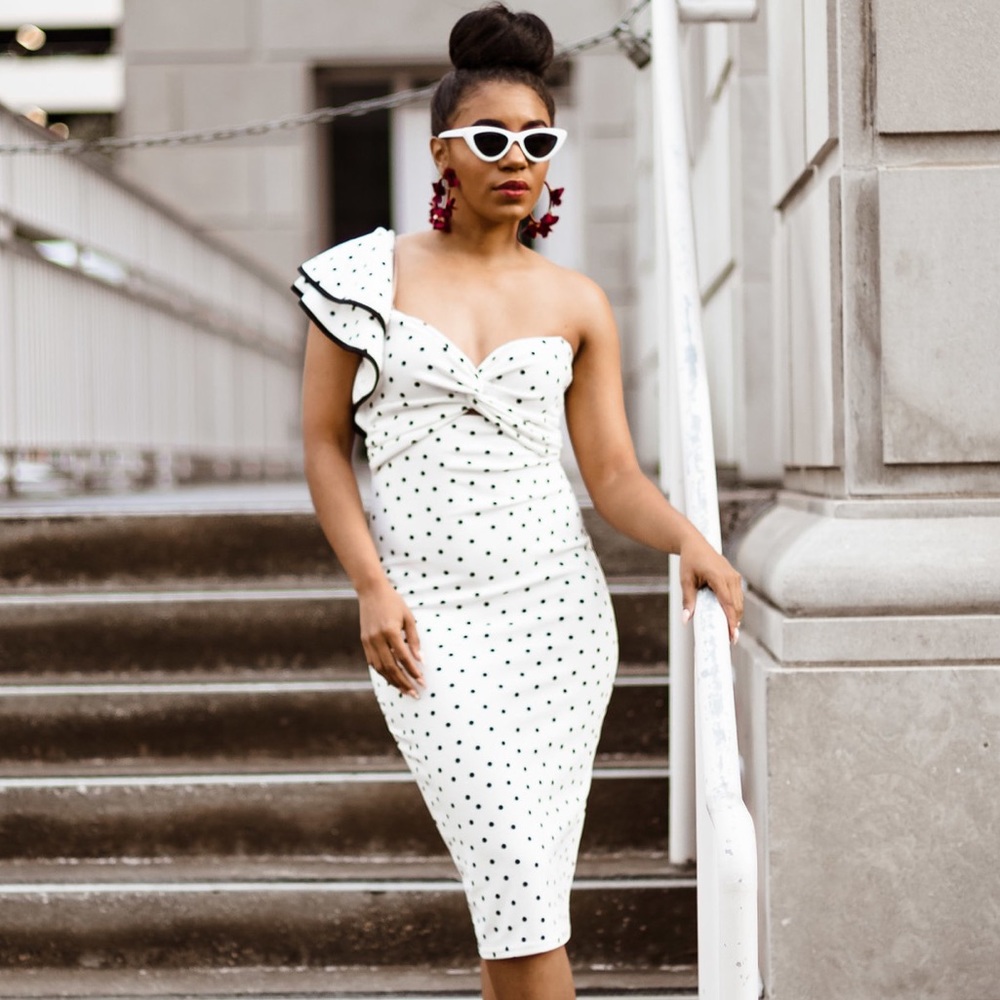One shoulder polka dot dress